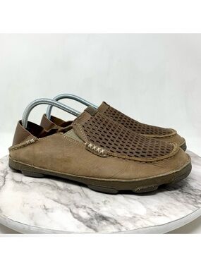 Olukai Moloa Aho Brown Leather Perforated Casual Slip-On Loafers 9/42 Mens Beach